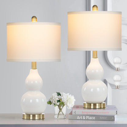White Ceramic Bedside Lamps Gourd Lamp Holder Drum Shade (Set of 2)