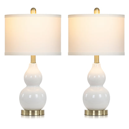 White Ceramic Bedside Lamps Gourd Lamp Holder Drum Shade (Set of 2)