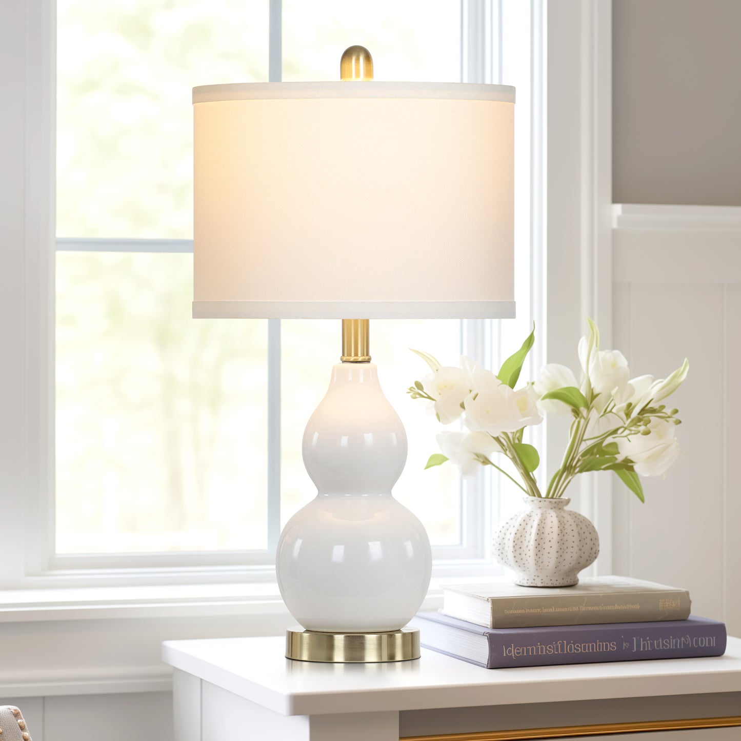 White Ceramic Bedside Lamps Gourd Lamp Holder Drum Shade (Set of 2)