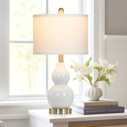 White Ceramic Bedside Lamps Gourd Lamp Holder Drum Shade (Set of 2)