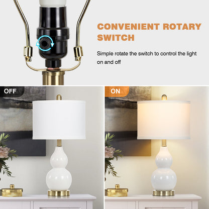 White Ceramic Bedside Lamps Gourd Lamp Holder Drum Shade (Set of 2)