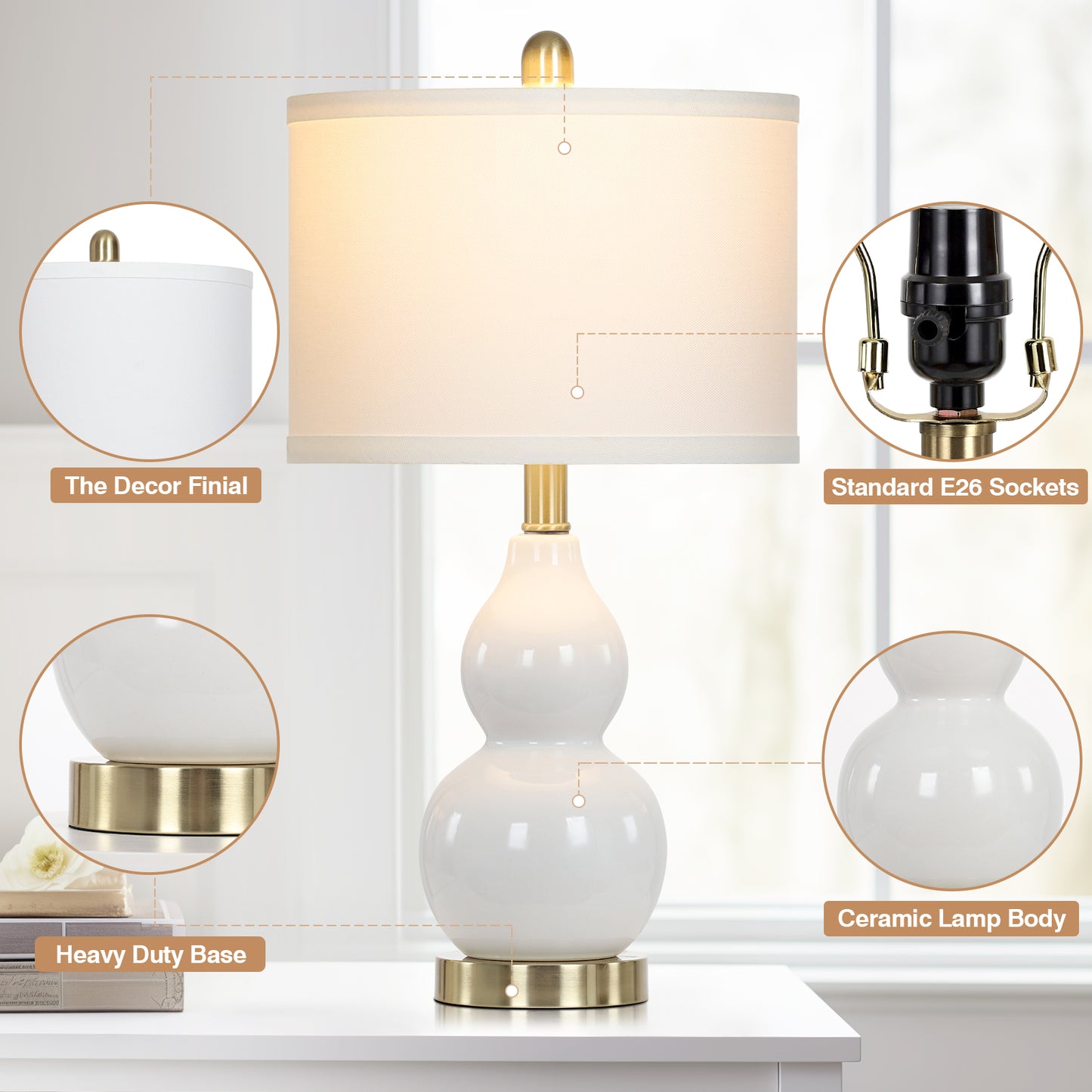 White Ceramic Bedside Lamps Gourd Lamp Holder Drum Shade (Set of 2)