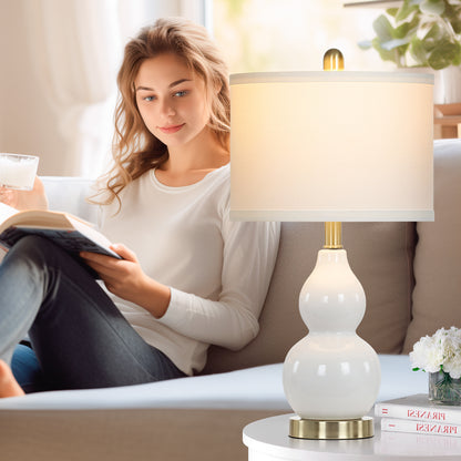 White Ceramic Bedside Lamps Gourd Lamp Holder Drum Shade (Set of 2)