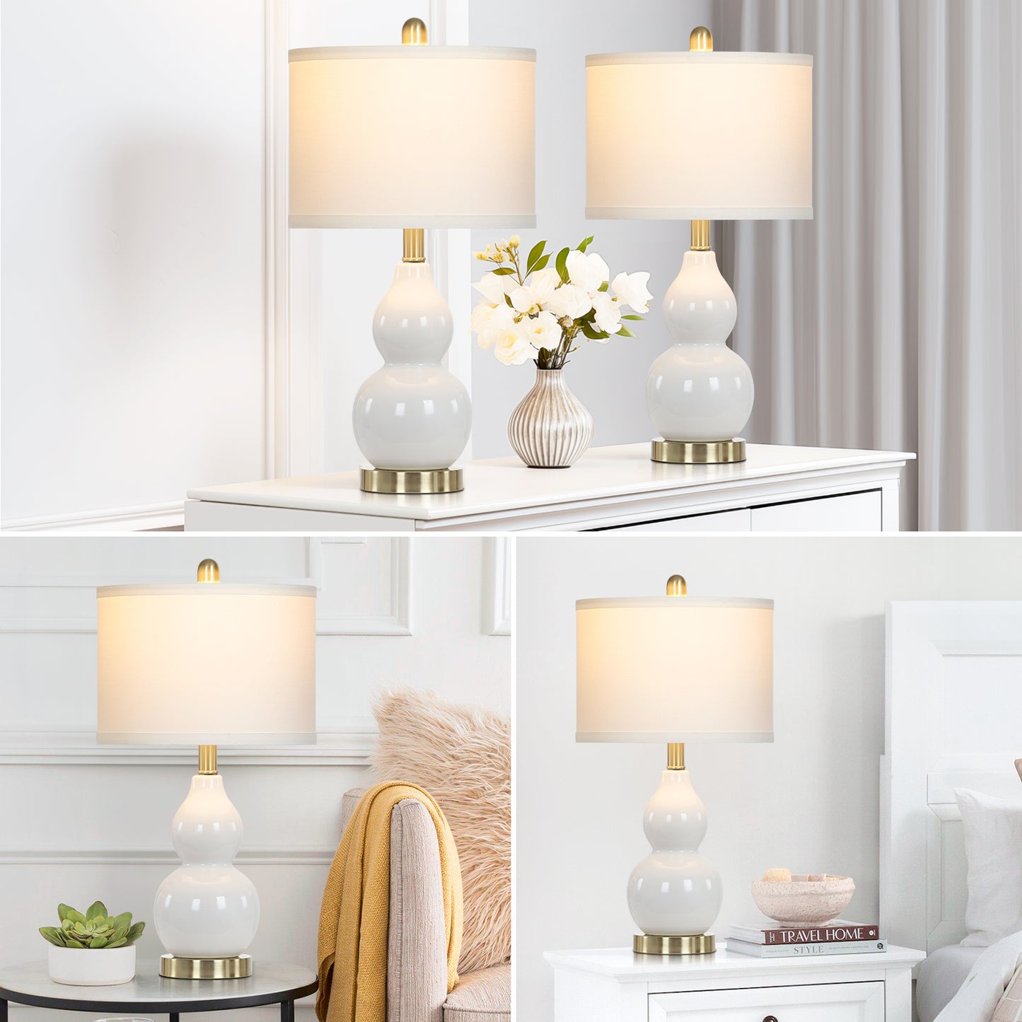 White Ceramic Bedside Lamps Gourd Lamp Holder Drum Shade (Set of 2)