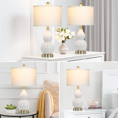 White Ceramic Bedside Lamps Gourd Lamp Holder Drum Shade (Set of 2)