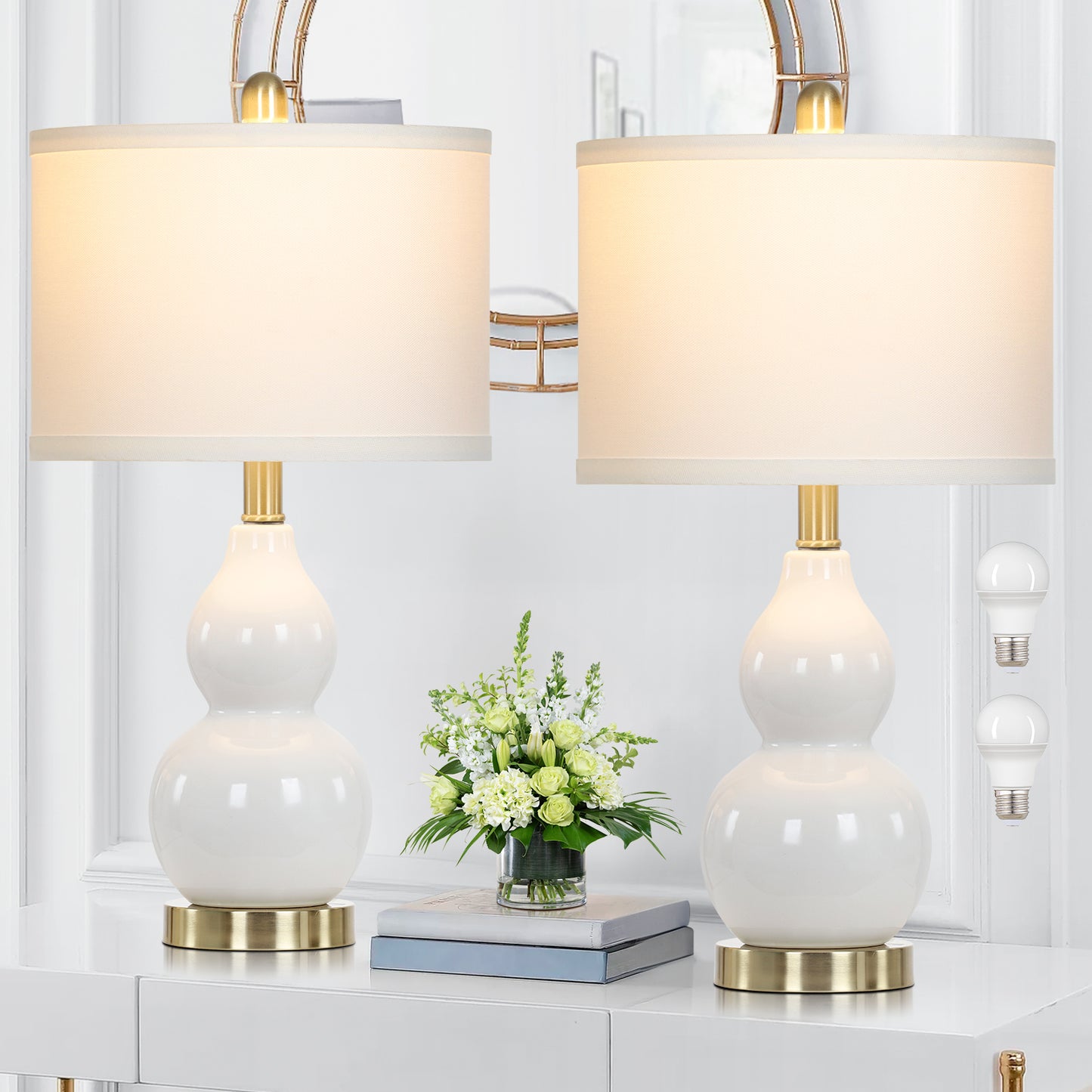 White Ceramic Bedside Lamps Gourd Lamp Holder Drum Shade (Set of 2)