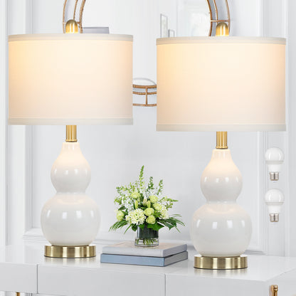 White Ceramic Bedside Lamps Gourd Lamp Holder Drum Shade (Set of 2)