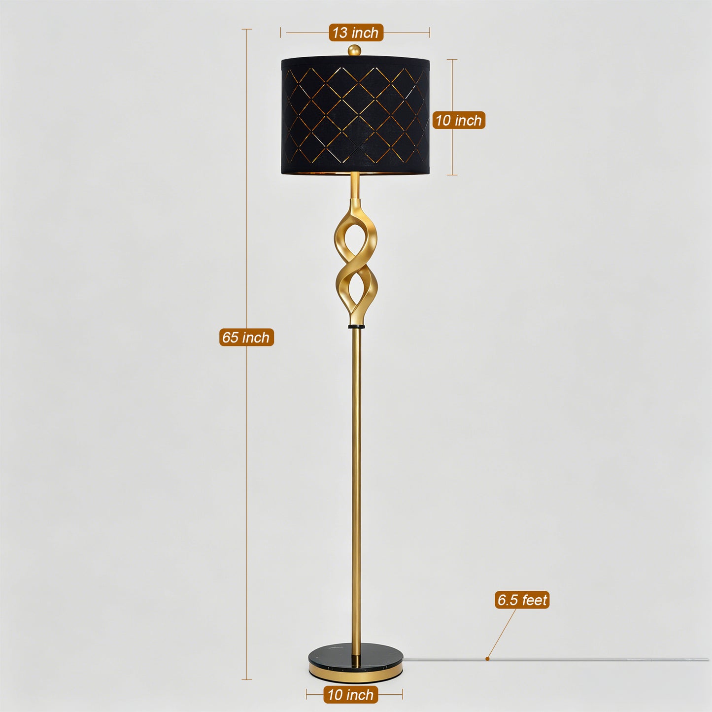 Cinkeda 65" Black and Gold Floor Lamp, Modern Standing Lamp for Living Room Bedroom, 3-Color Temperature Dimmable Corner Lamp with Marble & Metal Base, LED Bulb Included
