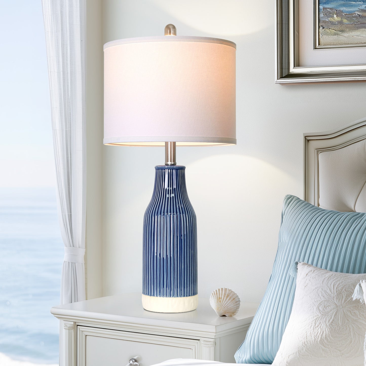 Cinkeda 24.5" Royal Blue Ceramic Table Lamps Set of 2, 2-Level Rotary Switch Bedside Nightstand Lamps with Bottle-Shaped Vertical Ribbed Design & Nickel Base for Living Room