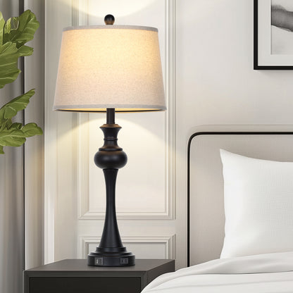 Cinkeda Single Table Lamp for Bedroom Living Room 28.75" Industrial Black 3 Way Dimmable Touch Control Nightstand Bedside Lamp with USB C+A Ports AC Outlet