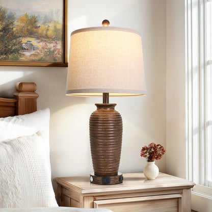 Cinkeda 25" Brown Resin Table Lamps Set of 2, 3-Level Touch Control Bedside Nightstand Lamps with USB & Type-C Ports, AC Outlet for Living Room