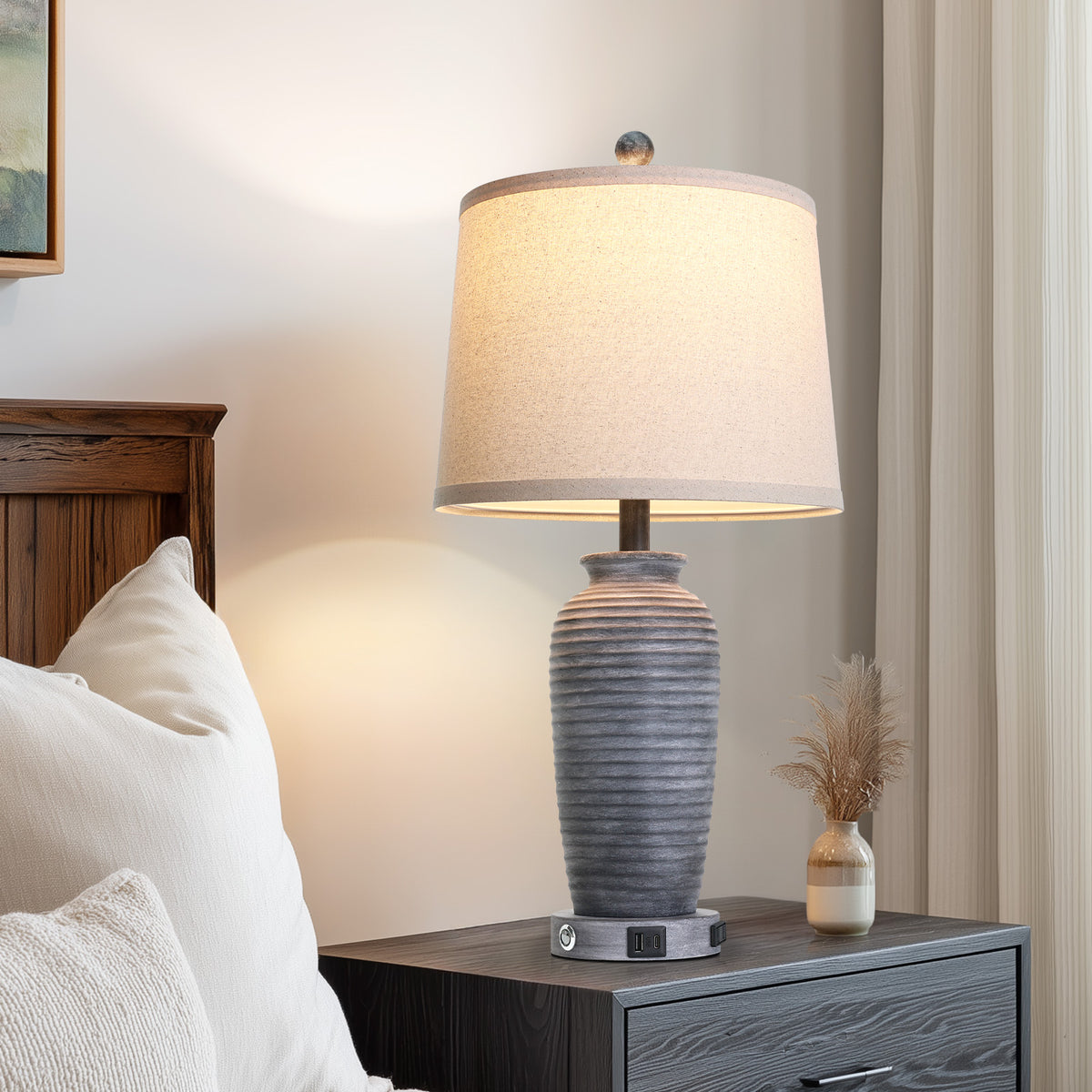 Cinkeda 25" Antique Black Resin Table Lamps Set of 2, 3-Level Touch Control Bedside Nightstand Lamps with USB & Type-C Ports, AC Outlet for Living Room