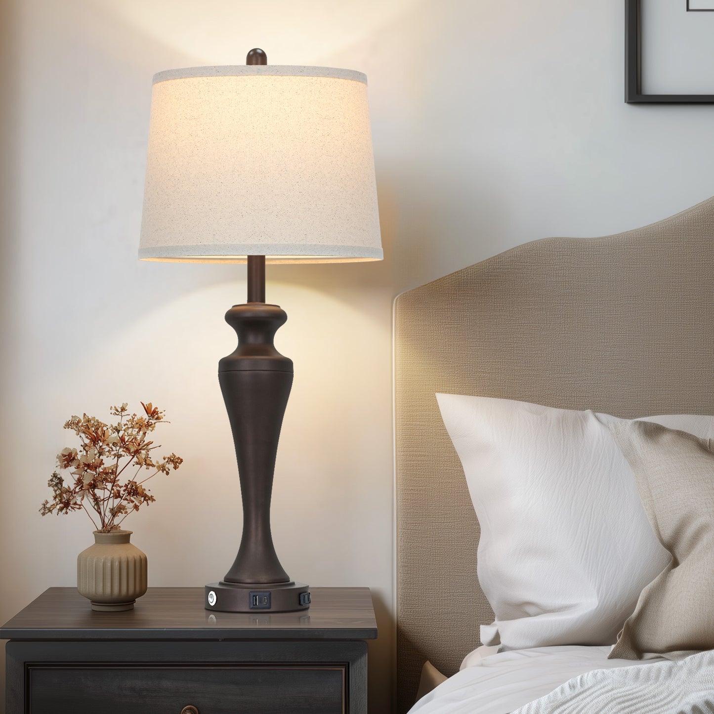 30" Classic Table Lamp, Coffee Base with USB/Type-C & AC Outlet, Linen Shade, E26 Dimmable LED Bulb Included, 3-Way Touch Switch for Bedroom/Living Room(Set of 2)（副本）