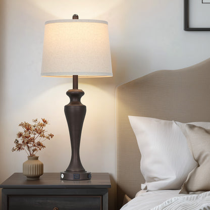 30" Classic Table Lamp, Coffee Base with USB/Type-C & AC Outlet, Linen Shade, E26 Dimmable LED Bulb Included, 3-Way Touch Switch for Bedroom/Living Room(Set of 2)（副本）