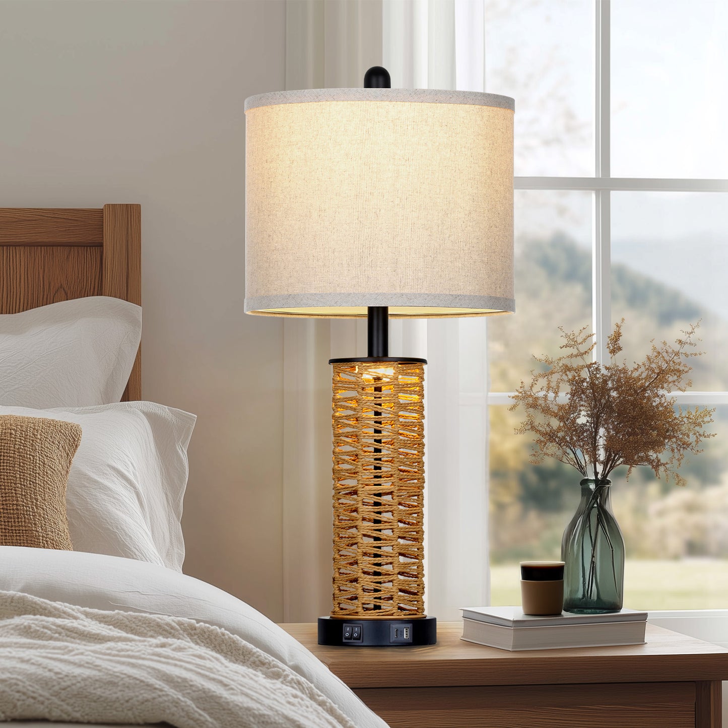 Cinkeda 27" Rattan Woven Table Lamps Set of 2, Boho Bedside Lamp with Dual Rocker Switches & Night Light, USB A+C Ports & Black Finish for Farmhouse Bedroom Living Room