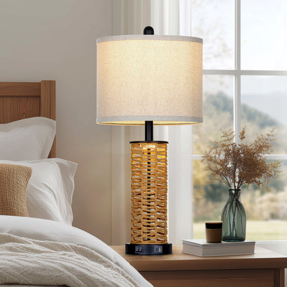 Cinkeda 27" Rattan Woven Table Lamps Set of 2, Boho Bedside Lamp with Dual Rocker Switches & Night Light, USB A+C Ports & Black Finish for Farmhouse Bedroom Living Room