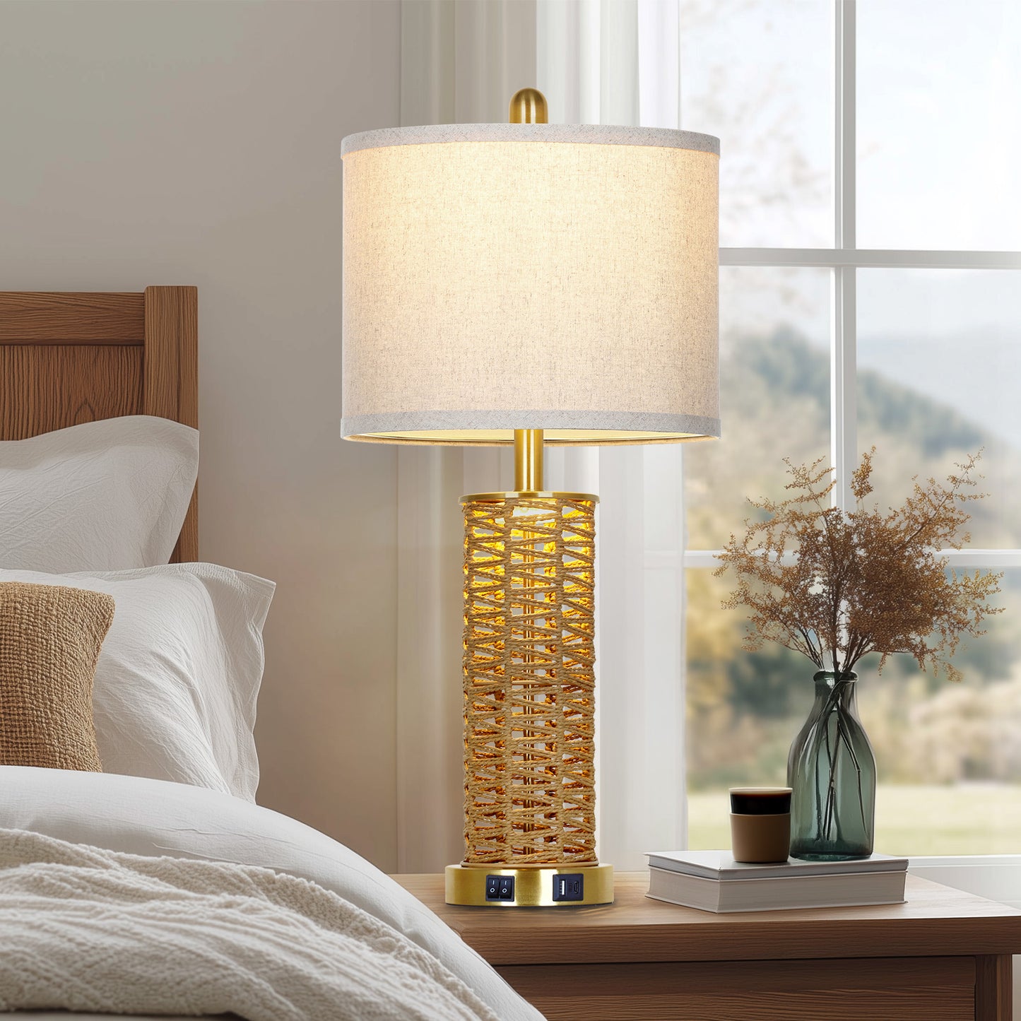 Cinkeda 27" Rattan Woven Table Lamps Set of 2, Boho Bedside Lamp with Dual Rocker Switches & Night Light, USB A+C Ports & Gold Finish for Farmhouse Bedroom Living Room