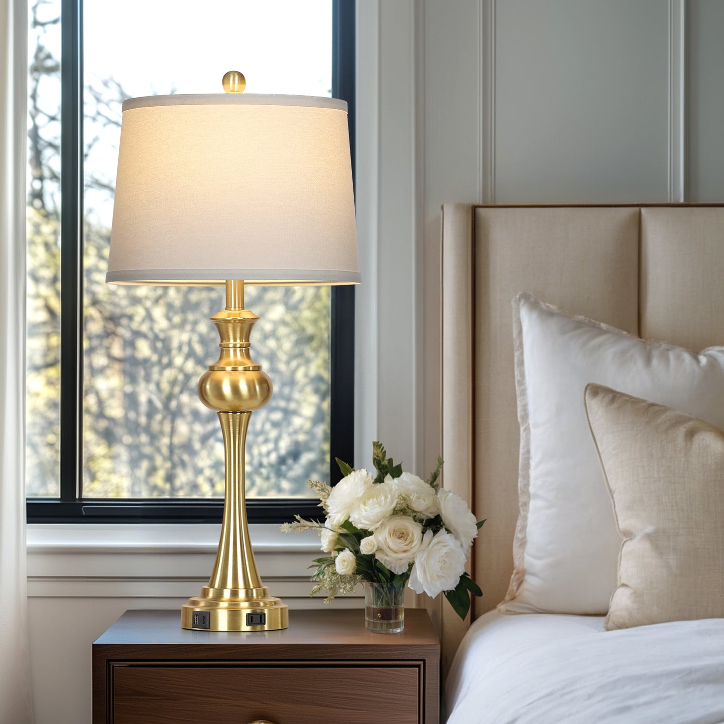 Cinkeda 28.75" Tall Single Table Lamp for Living Room Bedroom with USB C+A Ports AC Outlet Modern Gold 3 Way Dimmable Touch Control Nightstand Bedside Lamp