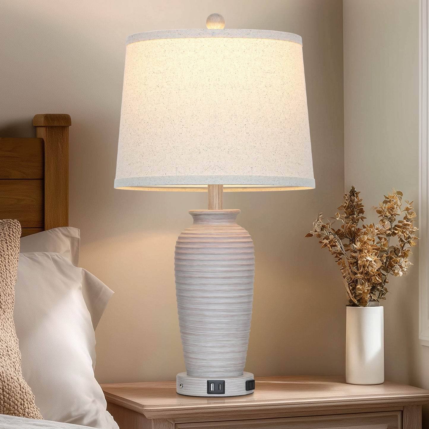 Cinkeda 25" Touch Control Table Lamp, Light Gray Resin Jar Body with Oatmeal Linen Shade, USB-C & AC Outlet, 3-Level Dimmable, Dimmable LED Bulb Included for Bedroom