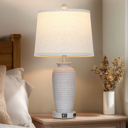 Cinkeda 25" Touch Control Table Lamp, Light Gray Resin Jar Body with Oatmeal Linen Shade, USB-C & AC Outlet, 3-Level Dimmable, Dimmable LED Bulb Included for Bedroom