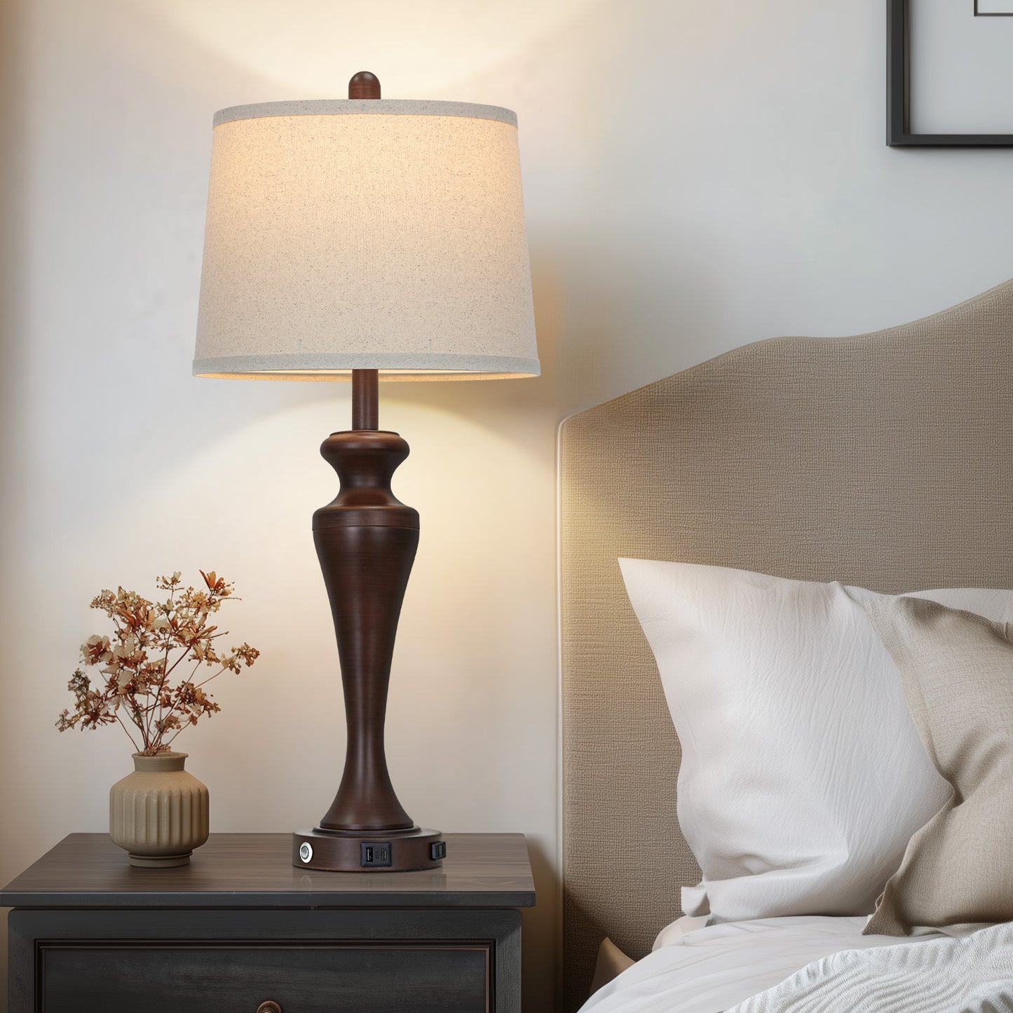 30" Classic Table Lamp, Brown Base with USB/Type-C & AC Outlet, Linen Shade, E26 Dimmable LED Bulb Included, 3-Way Touch Switch for Bedroom/Living Room(Set of 2)（副本）（副本）