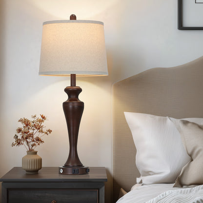 30" Classic Table Lamp, Brown Base with USB/Type-C & AC Outlet, Linen Shade, E26 Dimmable LED Bulb Included, 3-Way Touch Switch for Bedroom/Living Room(Set of 2)（副本）（副本）