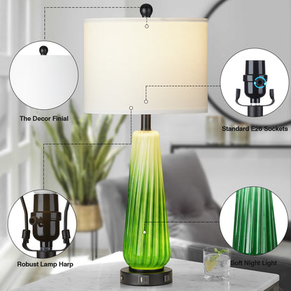 2-in-1 Table Lamps Nightlight in Glass with Green Ripple Style and Rotary Switch & Touch Switch (Set of 2)