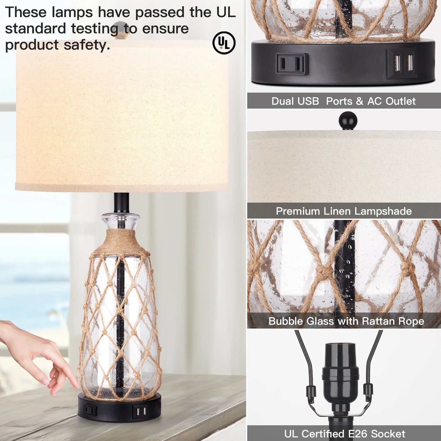 Cinkeda Coastal Table Lamps Set of 2 with USB Ports AC Outlet 3 Way Dimmable Touch Control Bedside Lamp 25" Black Nautical Clear Glass Rattan Nightstand Lamp for Bedroom Living Room