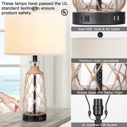 Cinkeda Coastal Table Lamps Set of 2 with USB Ports AC Outlet 3 Way Dimmable Touch Control Bedside Lamp 25" Black Nautical Clear Glass Rattan Nightstand Lamp for Bedroom Living Room
