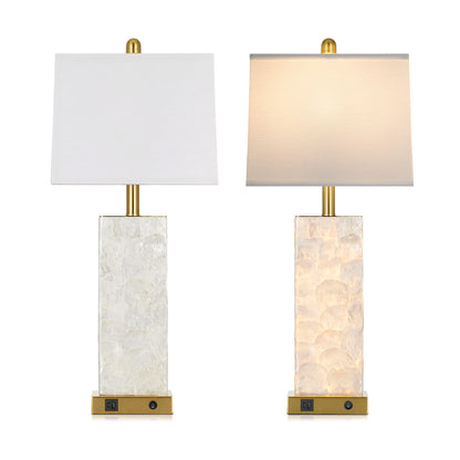 Cinkeda 28" Gold Table Lamp Set of 2, Coastal Seashell Bedside Nightstand Lamps with USB A+C Ports & Night Light for Living Room Bedroom