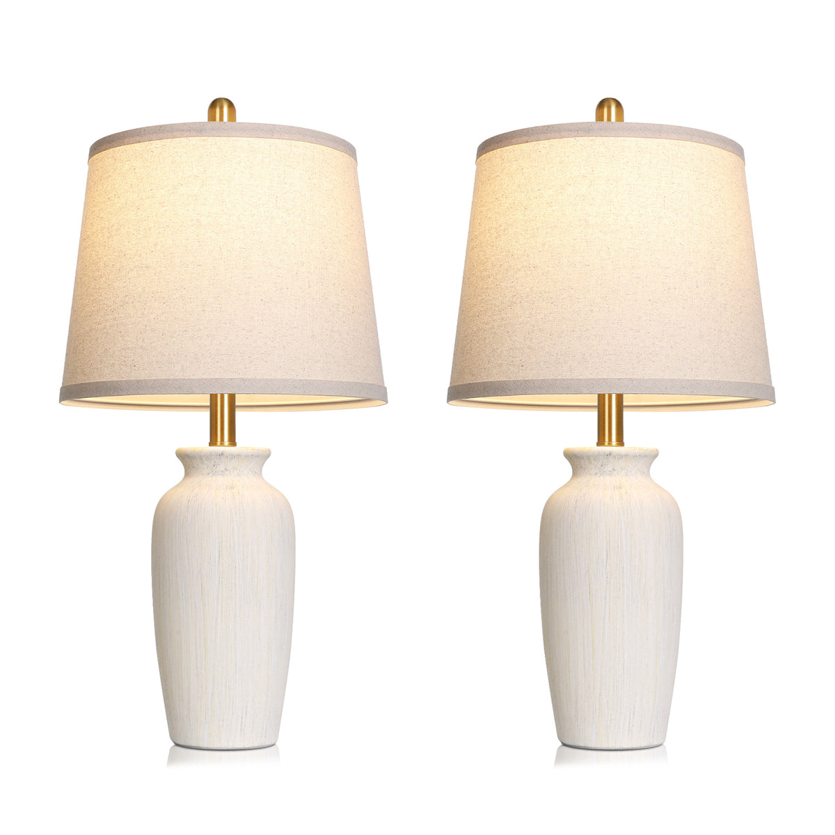Cinkeda 24.5" Beige Ceramic Table Lamps Set of 2, 2-Level Rotary Switch Bedside Nightstand Lamps with Gold Accents & Slant Shade for Living Room