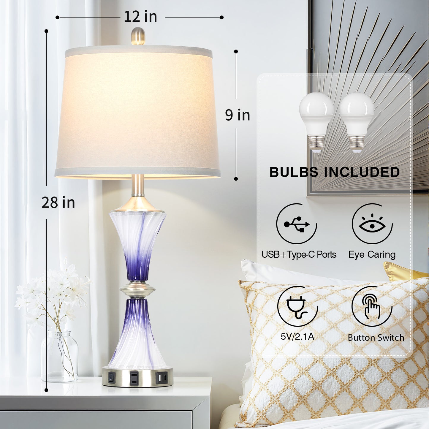 Cinkeda 27" Purple Glass Table Lamps Set of 2 with USB-C/A Ports & AC Outlet, Silver Nickel Finish Nightstand Lamps for Bedroom Living Room, LED Bulbs Included