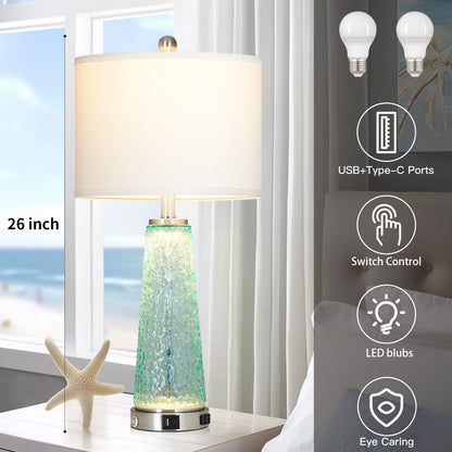 Cinkeda 26" Blue Speckled Glass Table Lamps Set of 2, Modern Touch Control Table Lamp with USB A+C Charging Ports, Nightstand Lamp for Bedroom Living Room Decor