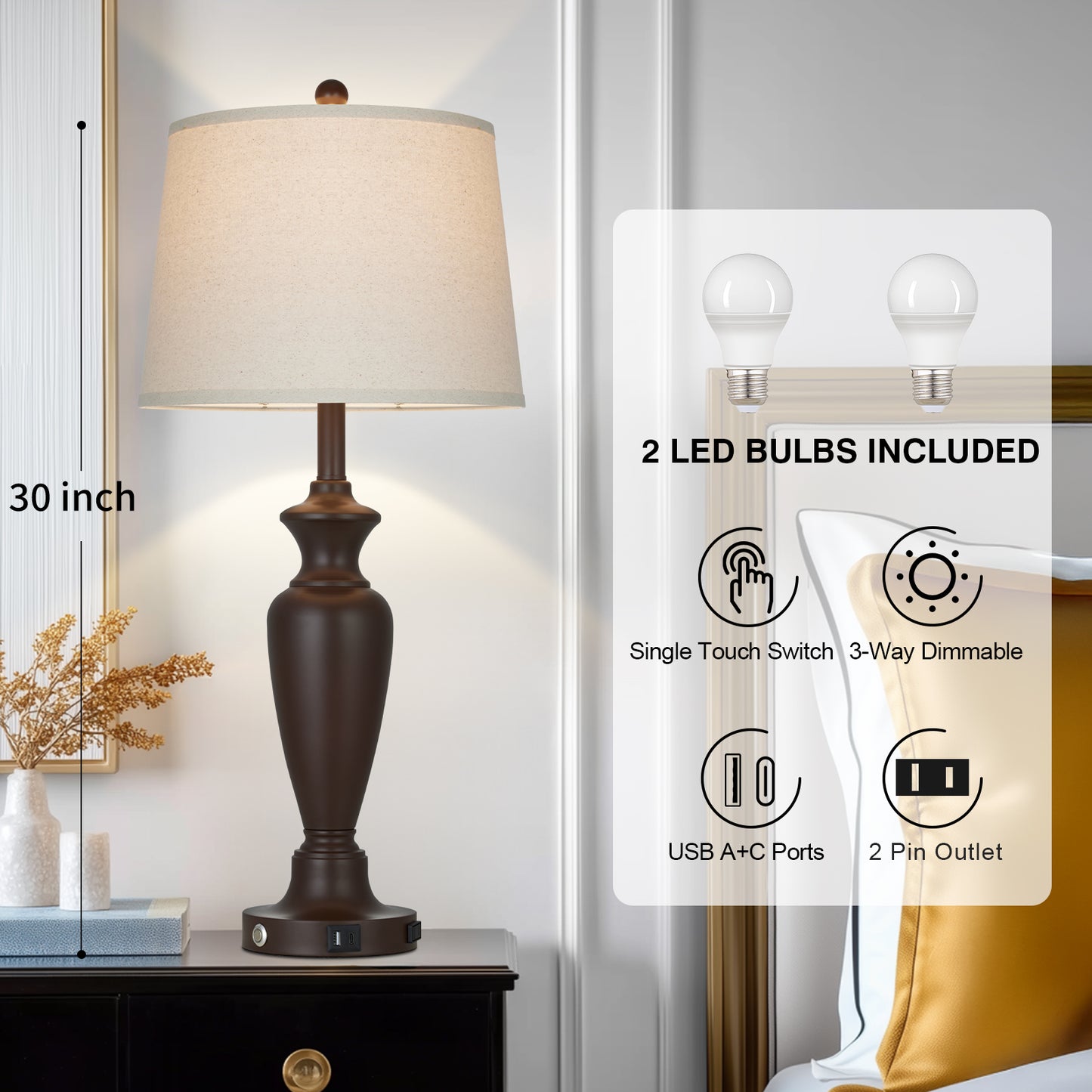 Cinkeda 30" Table Lamp Set of 2, Rustic 3-Way Dimmable Tall Touch Table Lamps for Living Room Bedroom, Brown