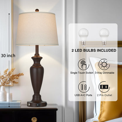 Cinkeda 30" Table Lamp Set of 2, Rustic 3-Way Dimmable Tall Touch Table Lamps for Living Room Bedroom, Brown