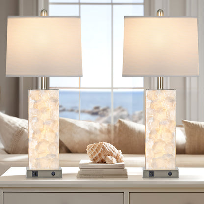 Cinkeda 28" Nickel Seashell Table Lamps Set of 2, Dual Switch Bedside Nightstand Lamps with USB & Type-C Ports, Night Light for Living Room