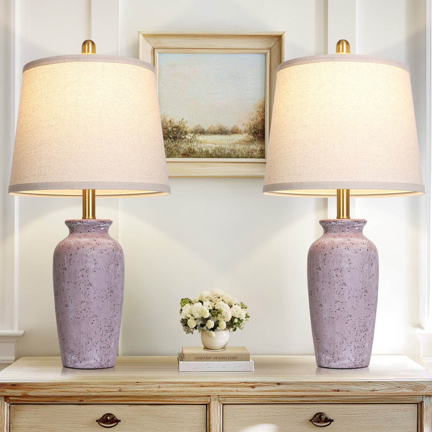 Cinkeda 24.5" Purple Ceramic Jar Table Lamps Set of 2, Farmhouse Bedside Lamps with Oatmeal Fabric Shade for Bedroom Living Room