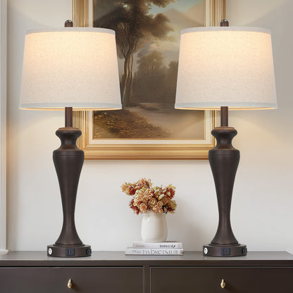 30" Classic Table Lamp, Coffee Base with USB/Type-C & AC Outlet, Linen Shade, E26 Dimmable LED Bulb Included, 3-Way Touch Switch for Bedroom/Living Room(Set of 2)（副本）