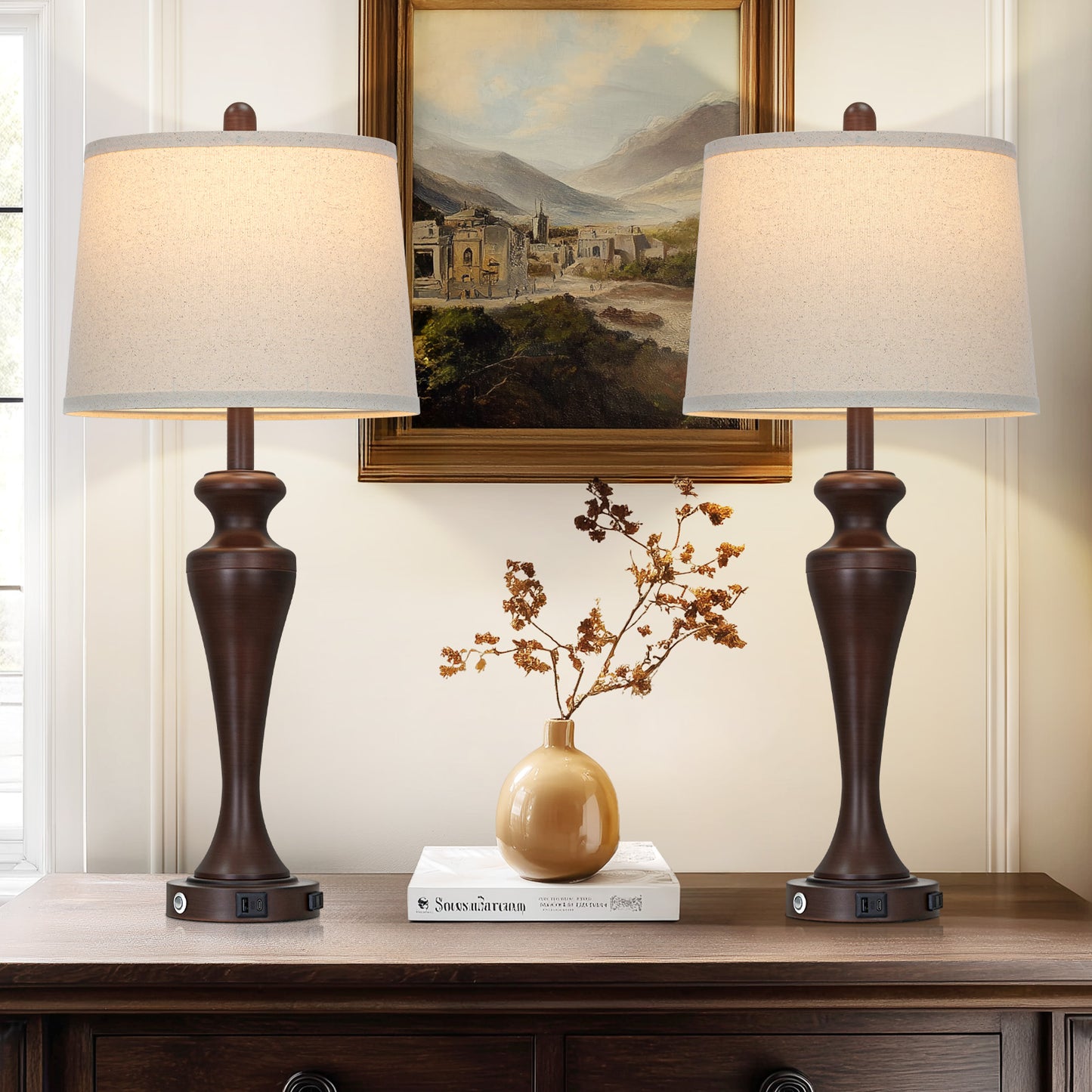 30" Classic Table Lamp, Brown Base with USB/Type-C & AC Outlet, Linen Shade, E26 Dimmable LED Bulb Included, 3-Way Touch Switch for Bedroom/Living Room(Set of 2)（副本）（副本）