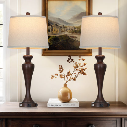 30" Classic Table Lamp, Brown Base with USB/Type-C & AC Outlet, Linen Shade, E26 Dimmable LED Bulb Included, 3-Way Touch Switch for Bedroom/Living Room(Set of 2)（副本）（副本）