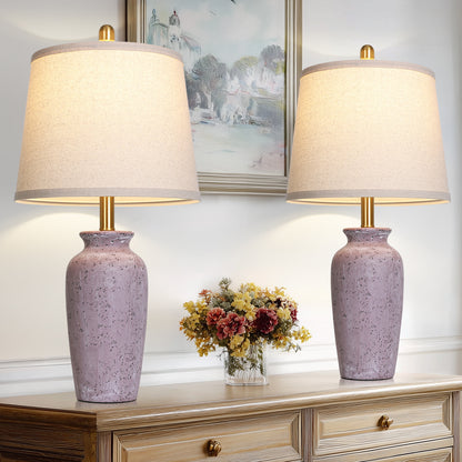 Cinkeda 24.5" Purple Ceramic Jar Table Lamps Set of 2, Farmhouse Bedside Lamps with Oatmeal Fabric Shade for Bedroom Living Room