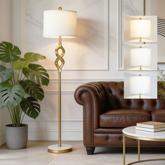 Cinkeda 65" White and Gold Floor Lamp, Modern Standing Lamp for Living Room Bedroom, 3-Color Temperature Dimmable Corner Lamp with Marble & Metal Base, LED Bulb Included