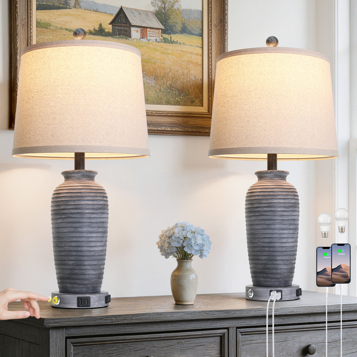 Cinkeda 25" Antique Black Resin Table Lamps Set of 2, 3-Level Touch Control Bedside Nightstand Lamps with USB & Type-C Ports, AC Outlet for Living Room