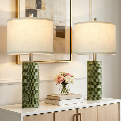 Cinkeda 26.5" Green Ceramic Table Lamps Set of 2, 2-Level Rotary Switch Bedside Lamps with Carved Bamboo Texture & Nickel Base for Living Room
