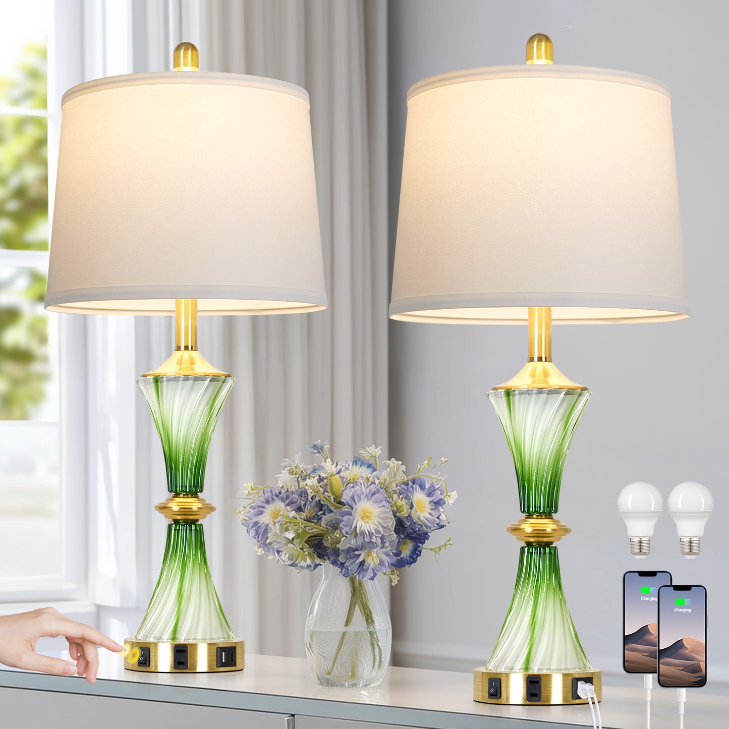 Cinkeda 27" Green Glass Table Lamps Set of 2 with USB-C/A Ports & AC Outlet, Silver Nickel Finish Nightstand Lamps for Bedroom Living Room, LED Bulbs Included