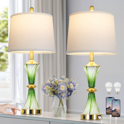 Cinkeda 27" Green Glass Table Lamps Set of 2 with USB-C/A Ports & AC Outlet, Silver Nickel Finish Nightstand Lamps for Bedroom Living Room, LED Bulbs Included