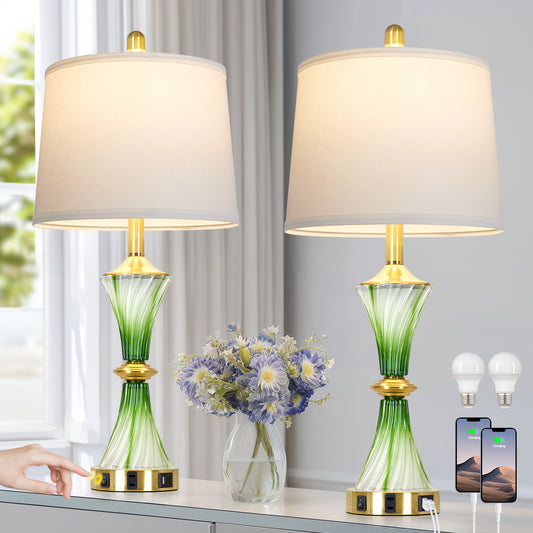 Cinkeda 27" Green Glass Table Lamps Set of 2 with USB-C/A Ports & AC Outlet, Silver Nickel Finish Nightstand Lamps for Bedroom Living Room, LED Bulbs Included