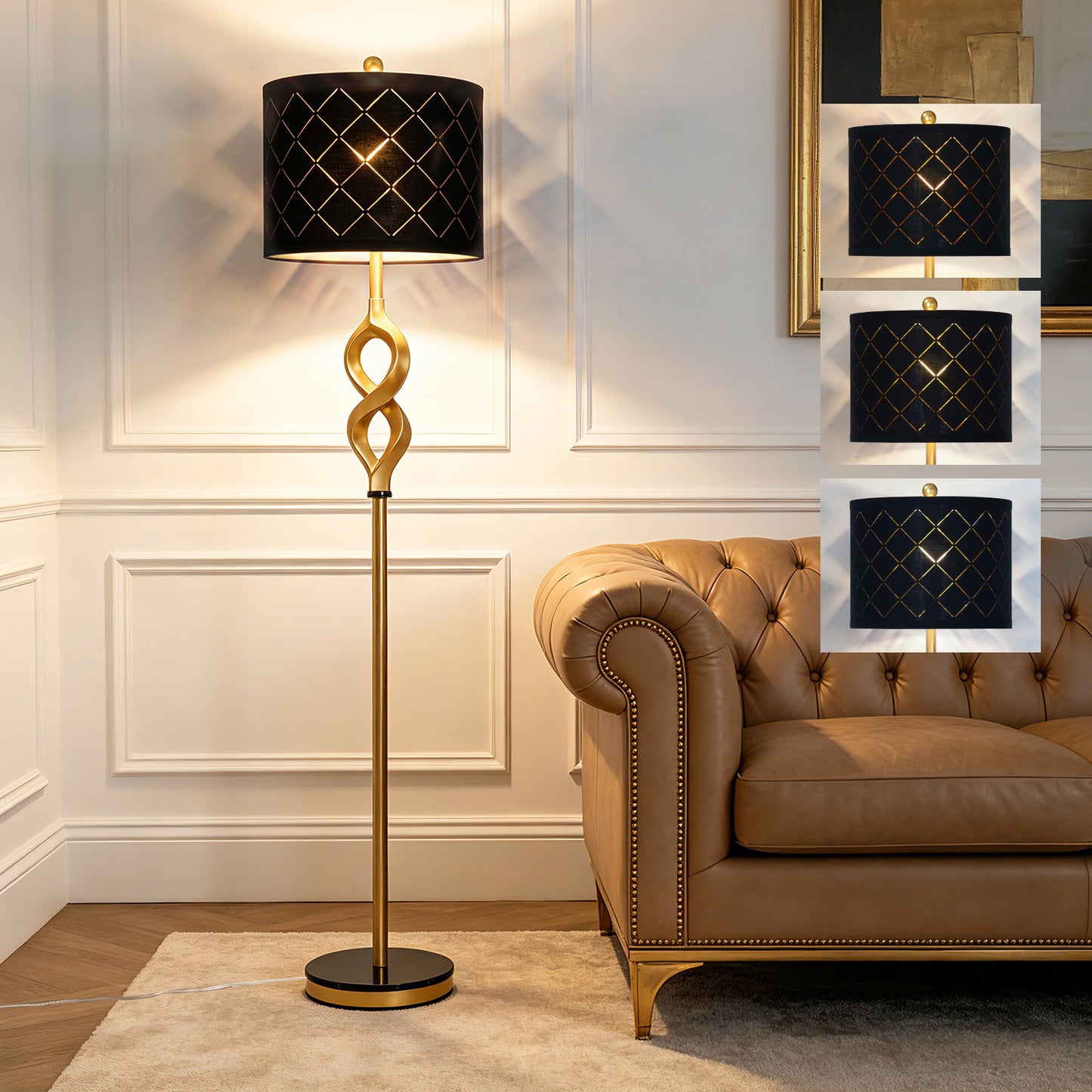 Cinkeda 65" Black and Gold Floor Lamp, Modern Standing Lamp for Living Room Bedroom, 3-Color Temperature Dimmable Corner Lamp with Marble & Metal Base, LED Bulb Included