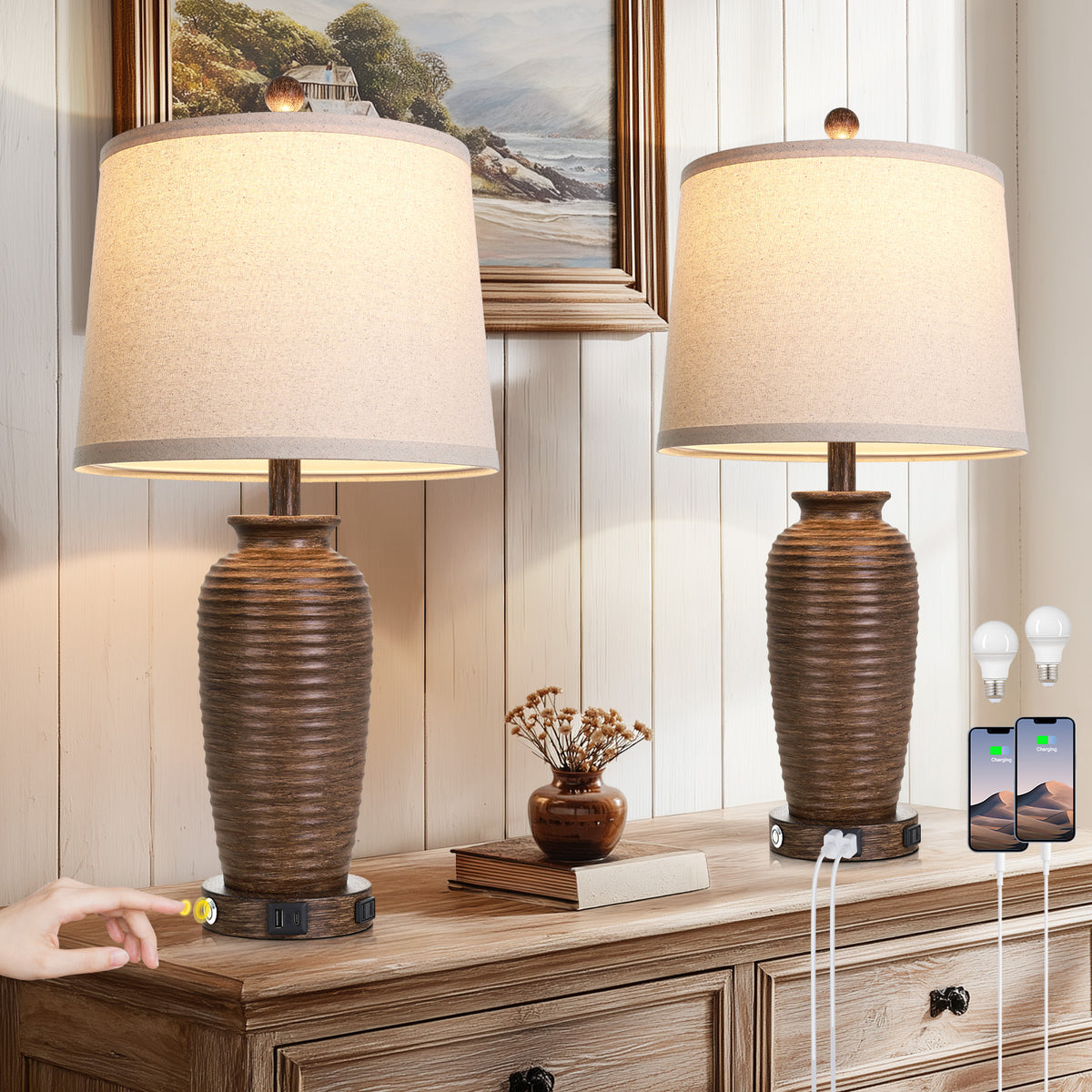 Cinkeda 25" Brown Resin Table Lamps Set of 2, 3-Level Touch Control Bedside Nightstand Lamps with USB & Type-C Ports, AC Outlet for Living Room