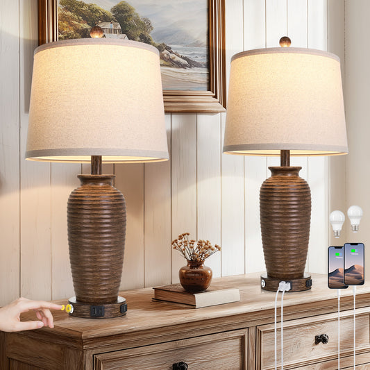 Cinkeda 25" Brown Resin Table Lamps Set of 2, 3-Level Touch Control Bedside Nightstand Lamps with USB & Type-C Ports, AC Outlet for Living Room